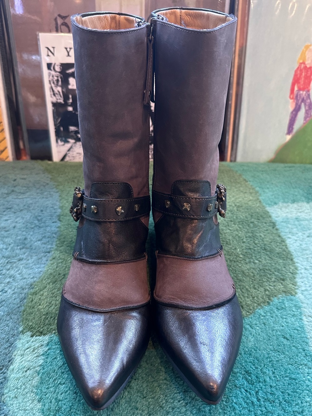 Fluevog LIKE NEW Truth Spencer chocolate brown skull buckle mid-calf boot - 7 - Picture 7 of 16